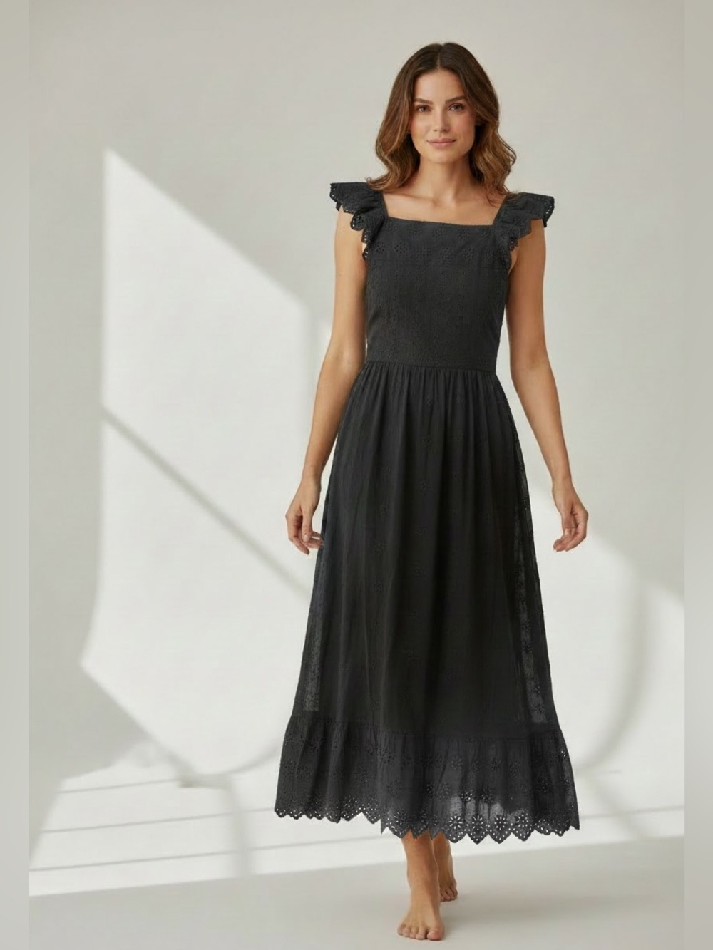 Ann Taylor Loft Smoke Grey  Eyelet Midi Dress with Ruffled Cap Sleeves size 6